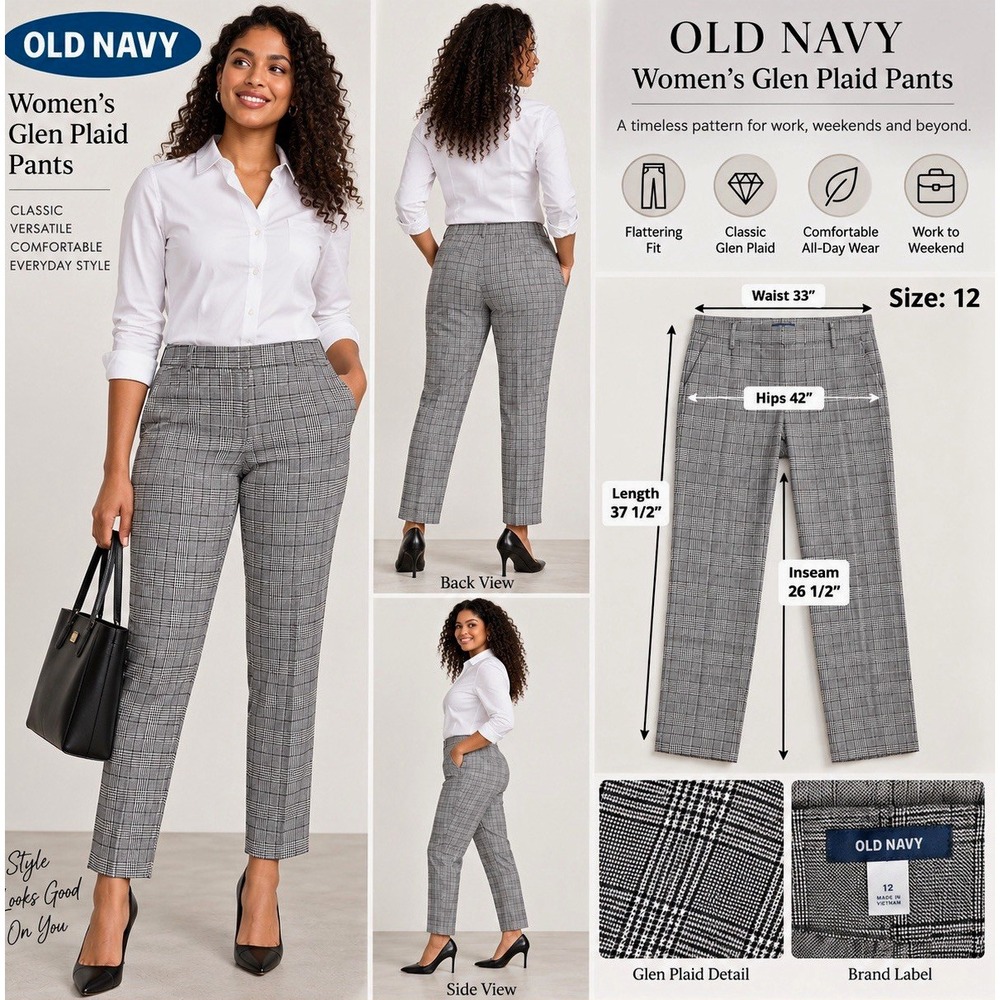 SM 12 -Old Navy Women Gray Plaid Straight Leg Dress Pants Mid Rise Stretch 26.5"